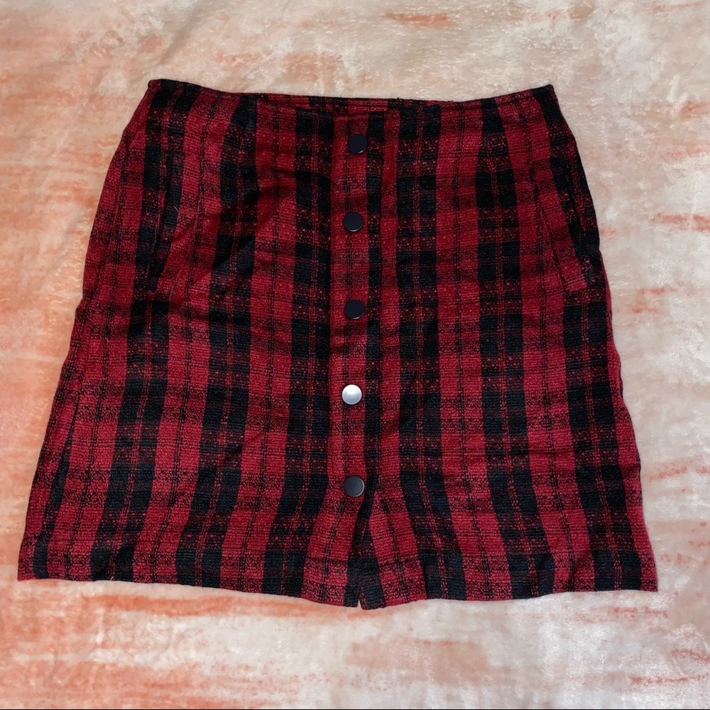 Plaid Mini Skirt with Black Buttons